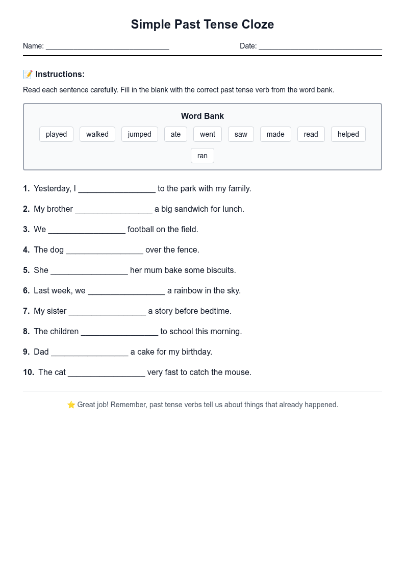 Simple Past Tense Cloze