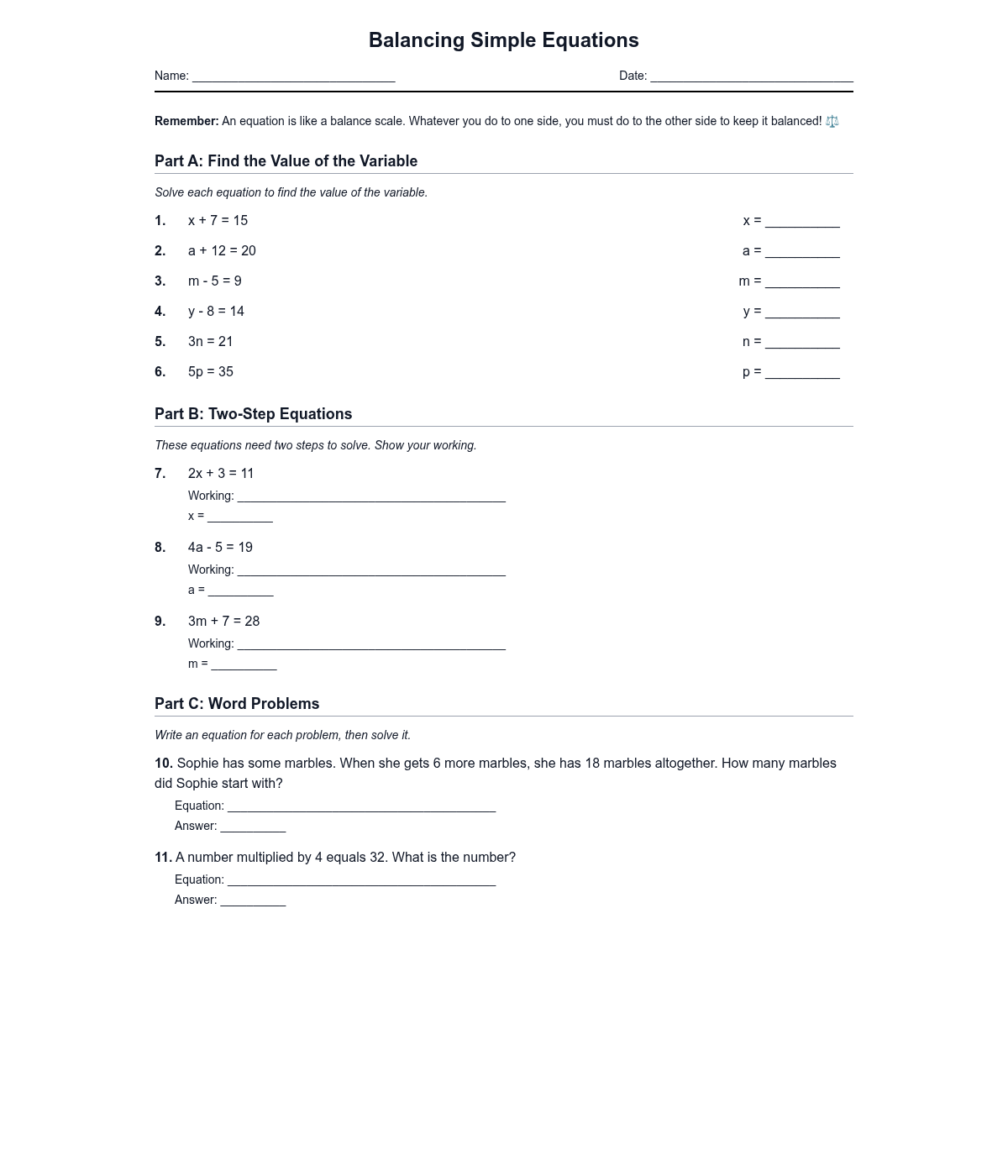 Balancing Simple Equations