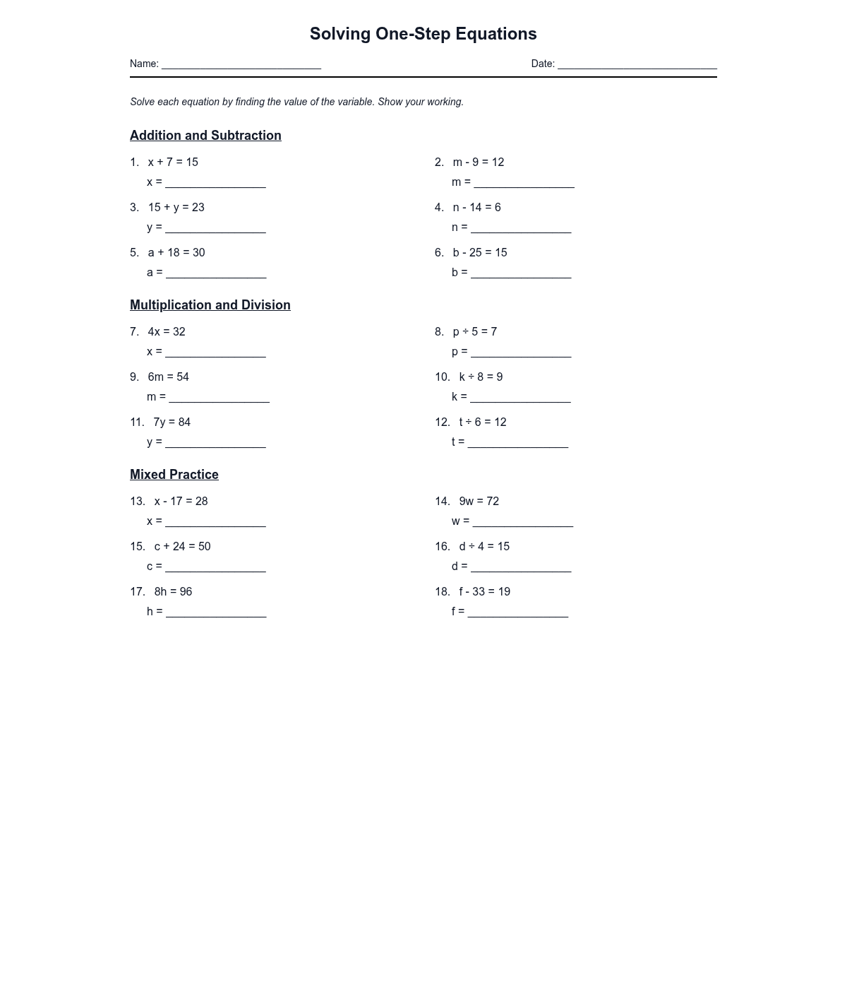 Solving One-Step Equations