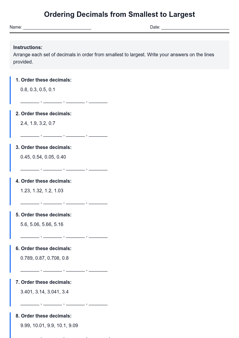 Ordering Decimals from Smallest to Largest