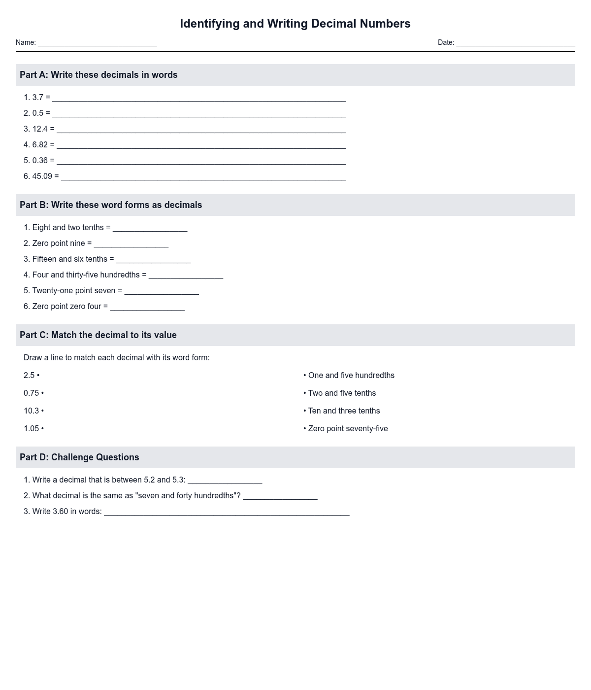 Identifying and Writing Decimal Numbers