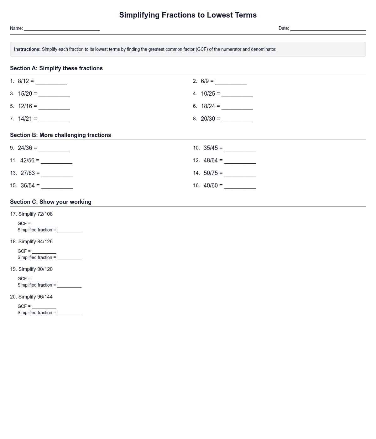 Simplifying Fractions to Lowest Terms