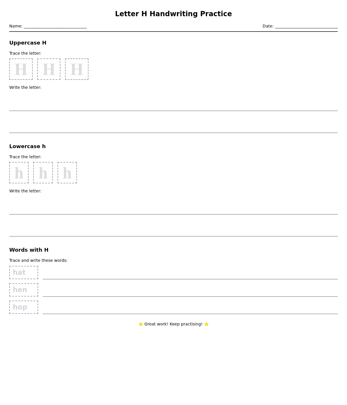 Letter H Handwriting Practice