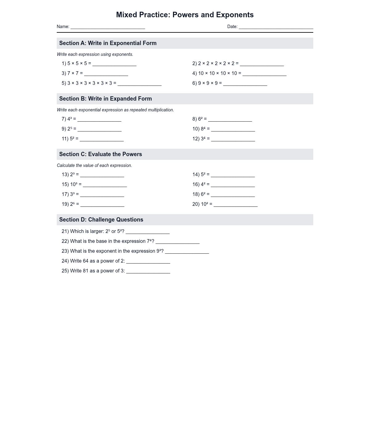 Mixed Practice: Powers and Exponents