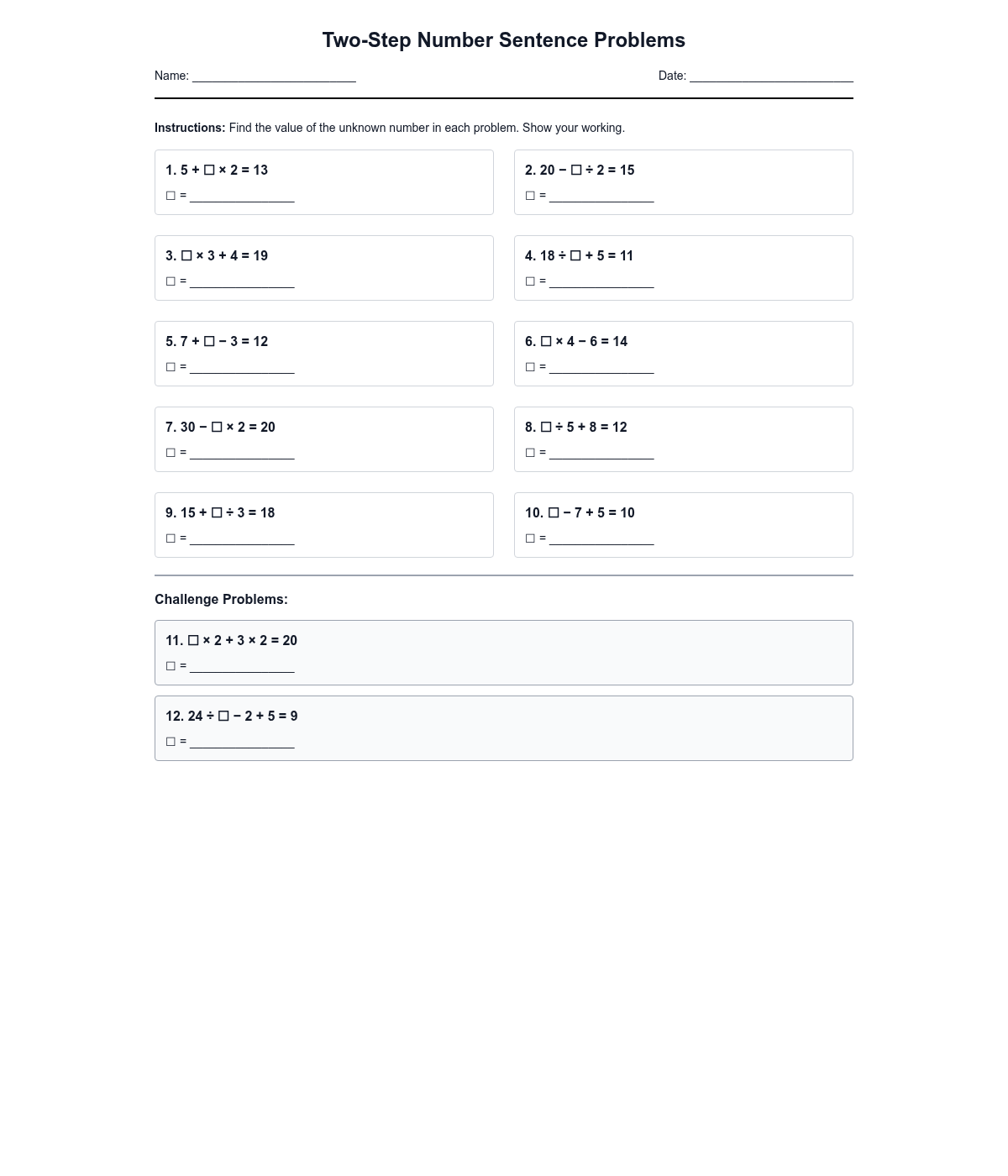 Two-Step Number Sentence Problems