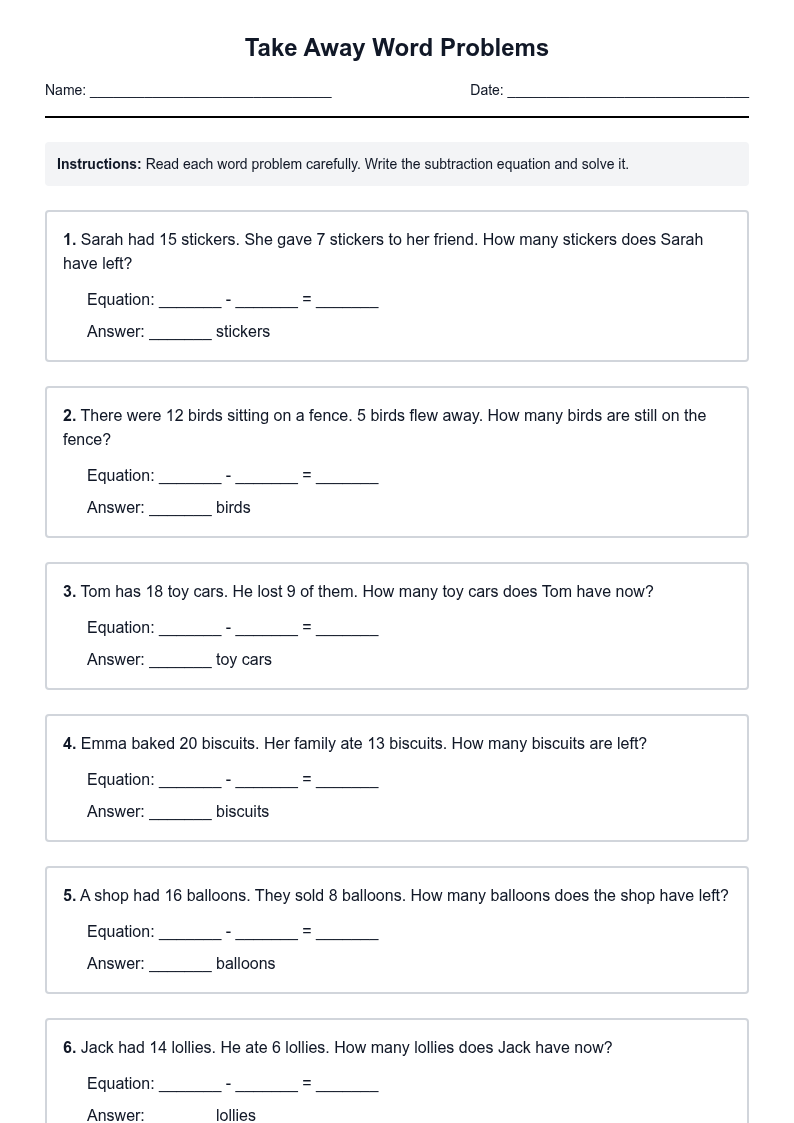 Take Away Word Problems