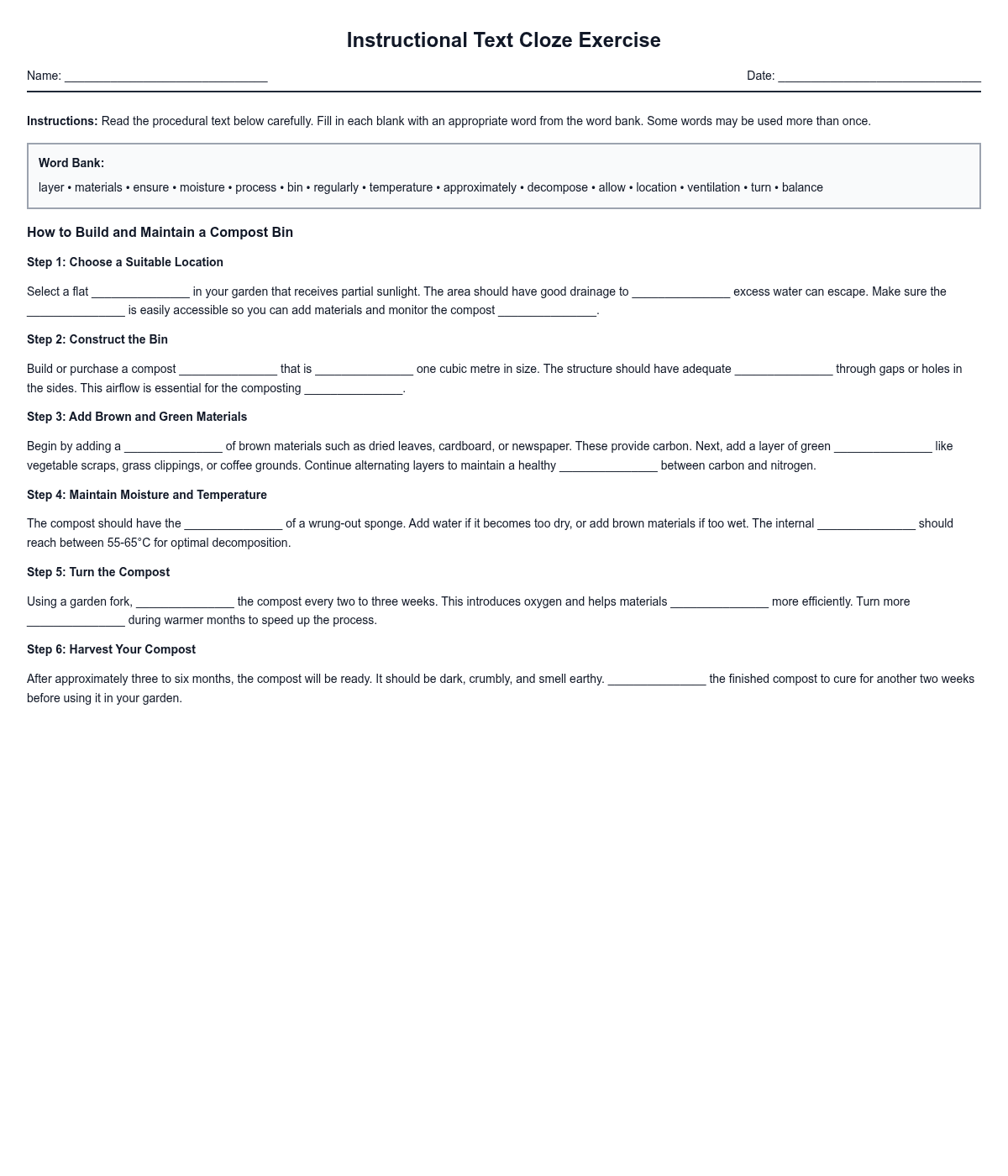 Instructional Text Cloze Exercise