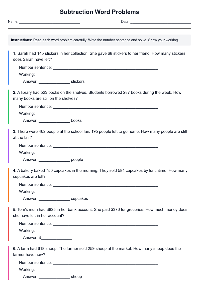 Subtraction Word Problems