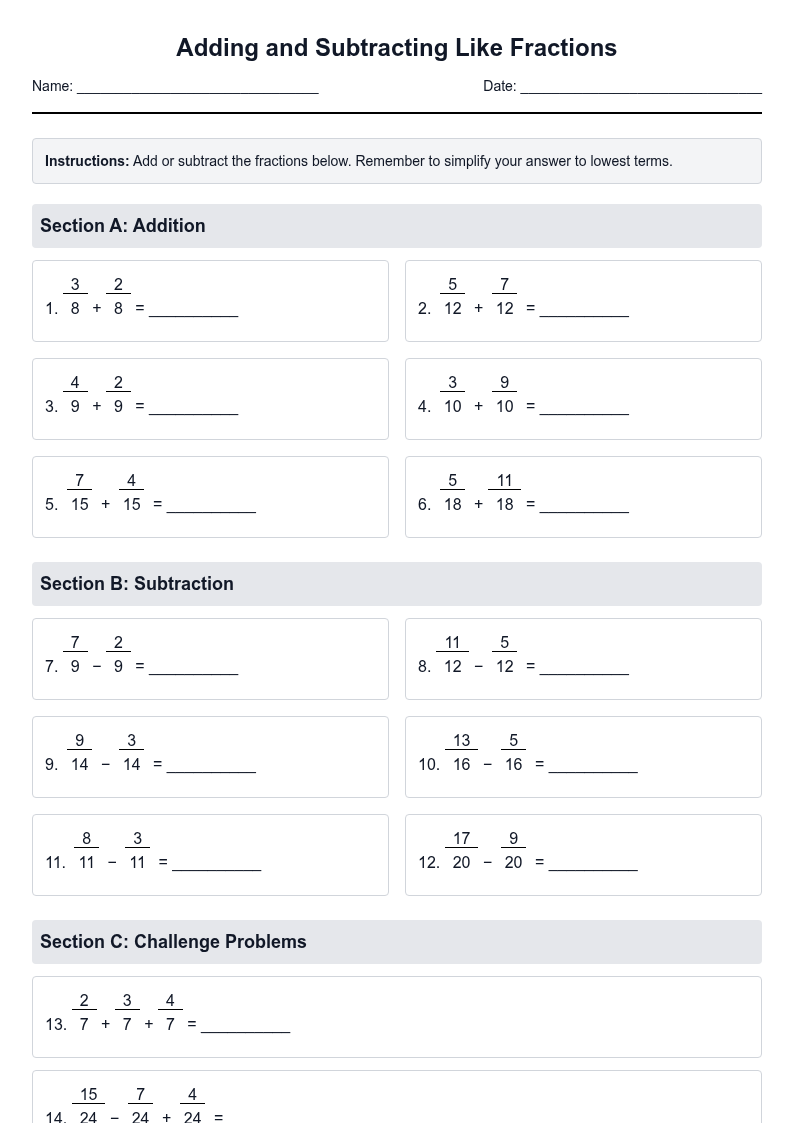 Adding and Subtracting Like Fractions