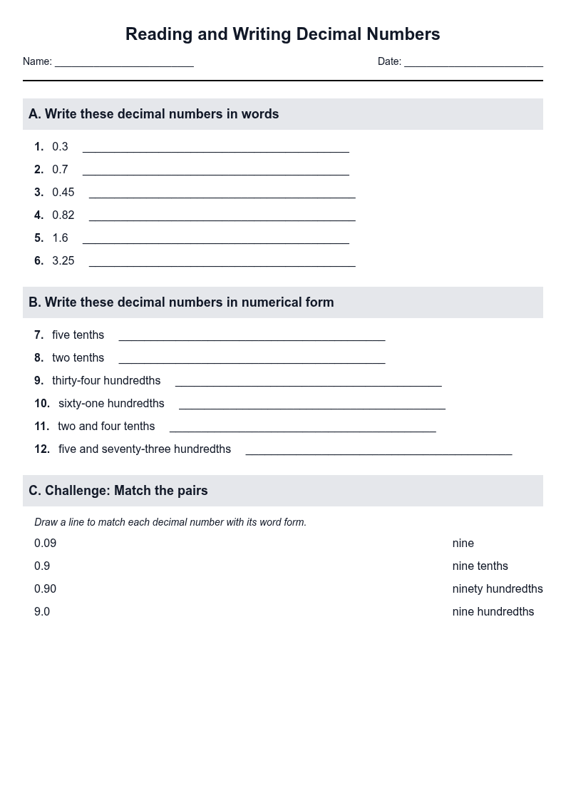 Reading and Writing Decimal Numbers