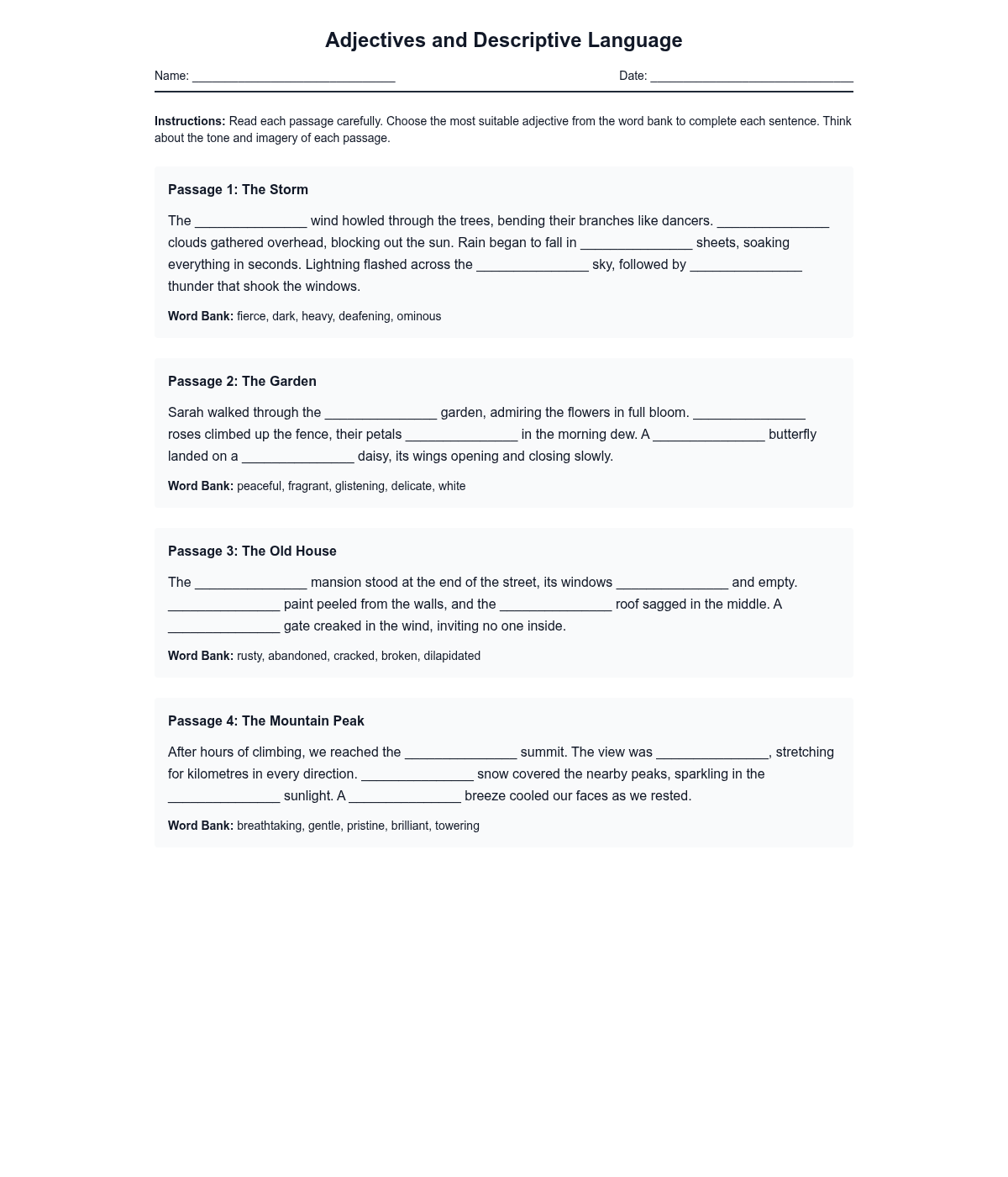Adjectives and Descriptive Language Cloze Activity