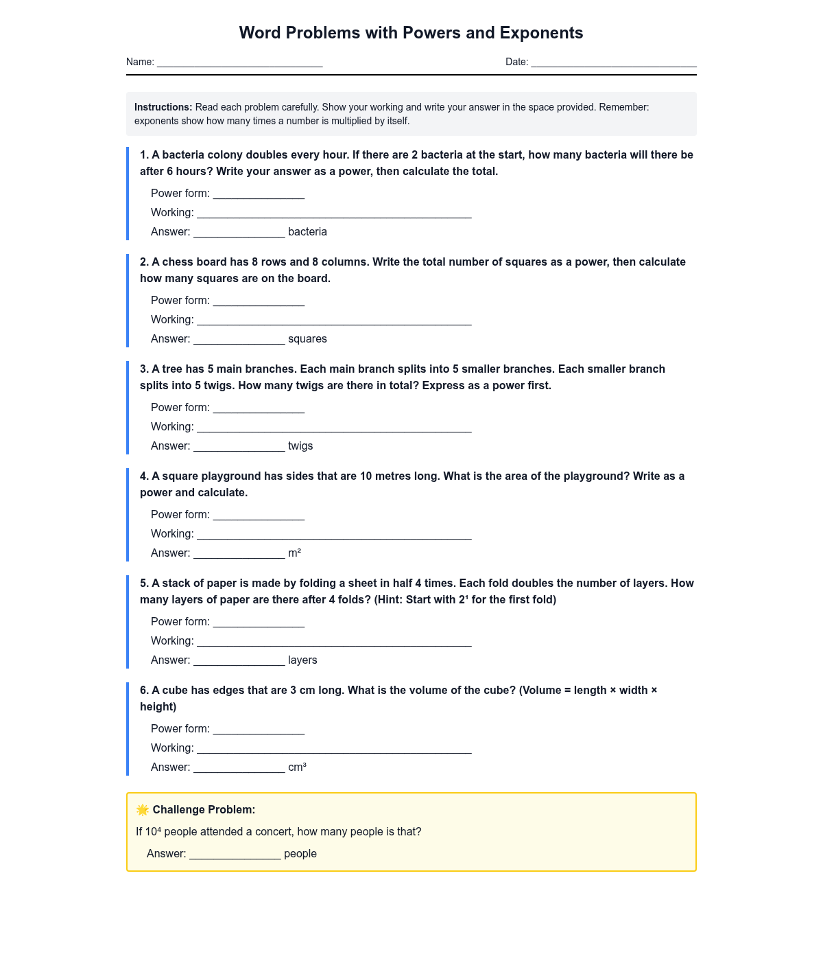 Word Problems with Powers and Exponents