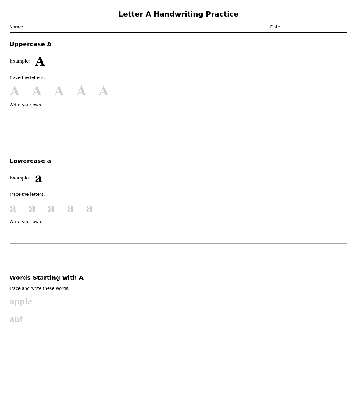 Letter A Handwriting Practice