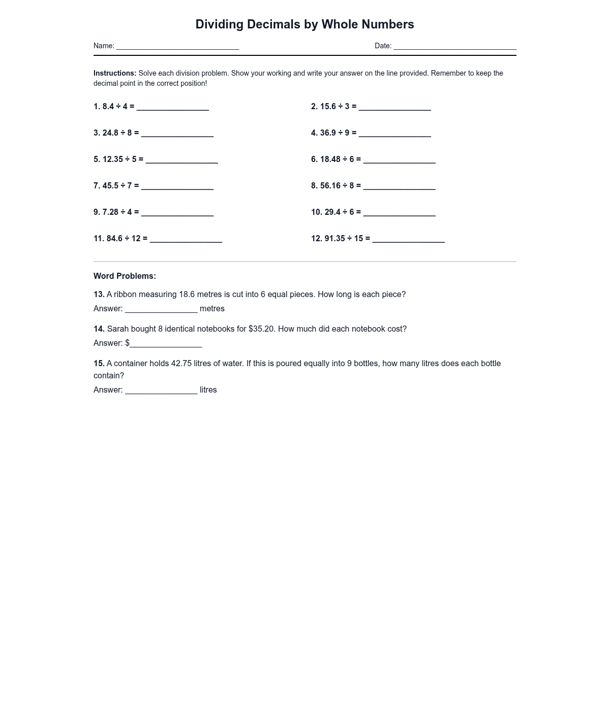 Dividing Decimals by Whole Numbers