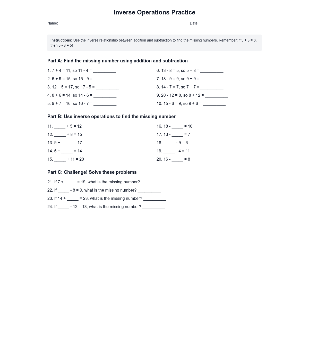 Inverse Operations Practice