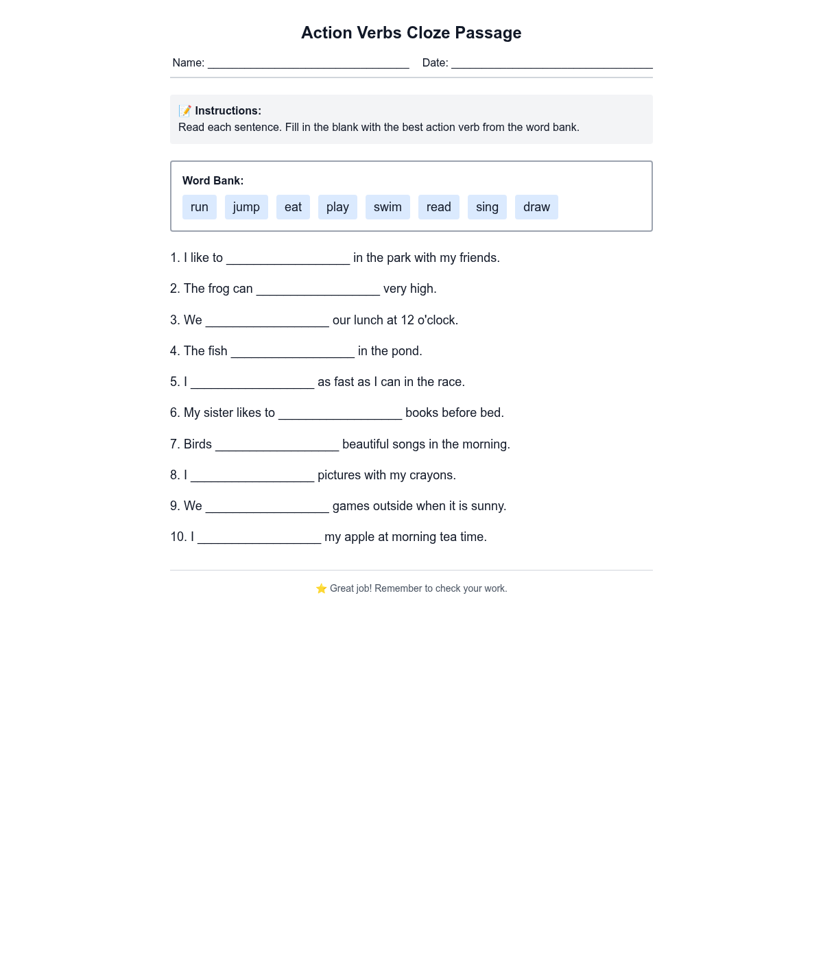 Action Verbs Cloze Passage