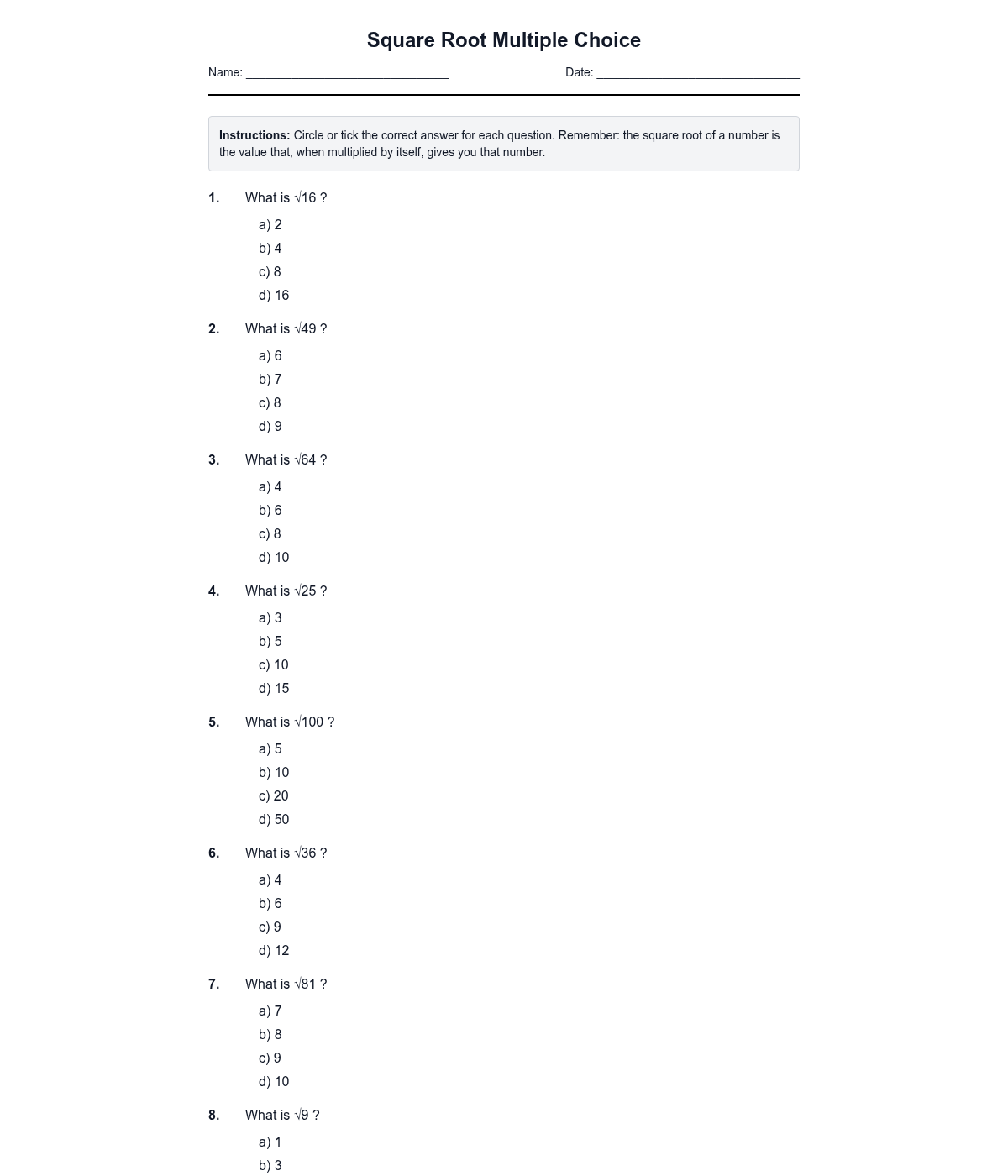 Square Root Multiple Choice