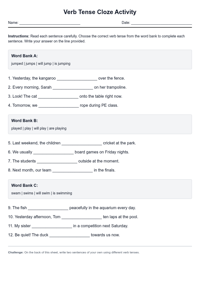 Verb Tense Cloze Activity