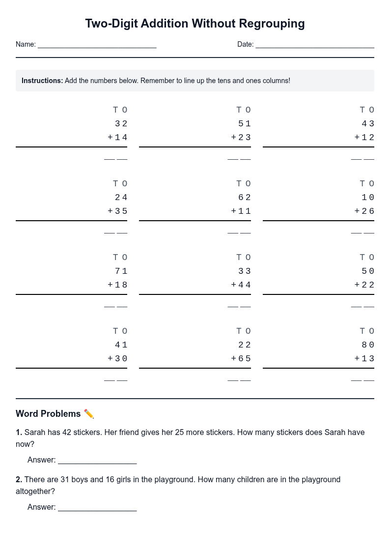 Two-Digit Addition Without Regrouping