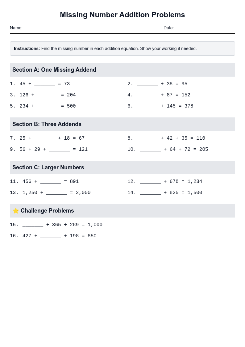 Missing Number Addition Problems