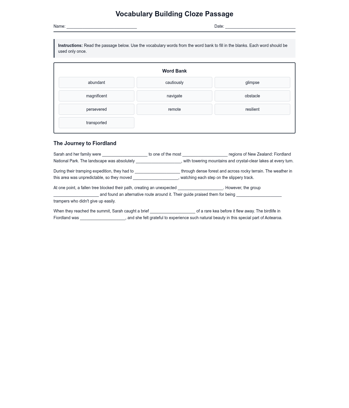 Vocabulary Building Cloze Passage