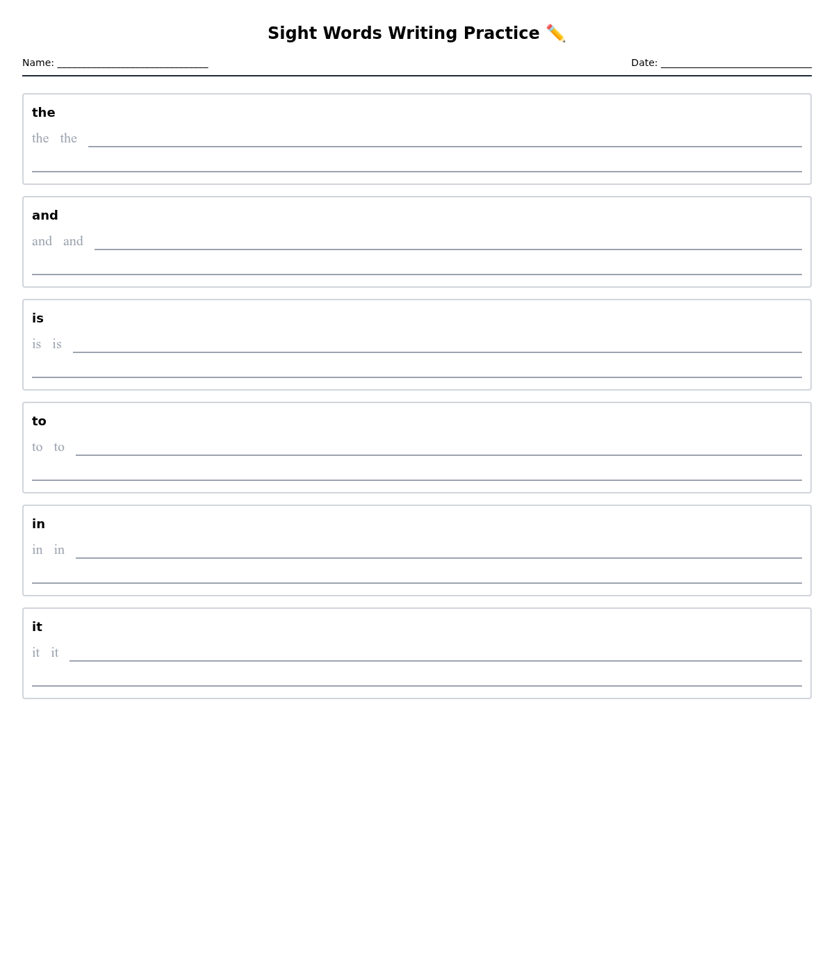 Sight Words Writing Practice