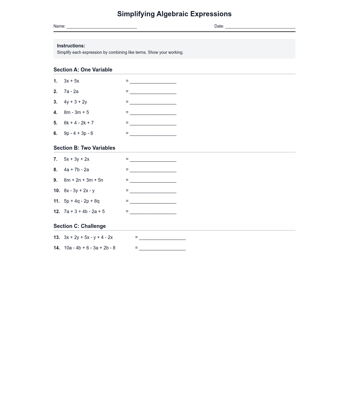 Simplifying Algebraic Expressions