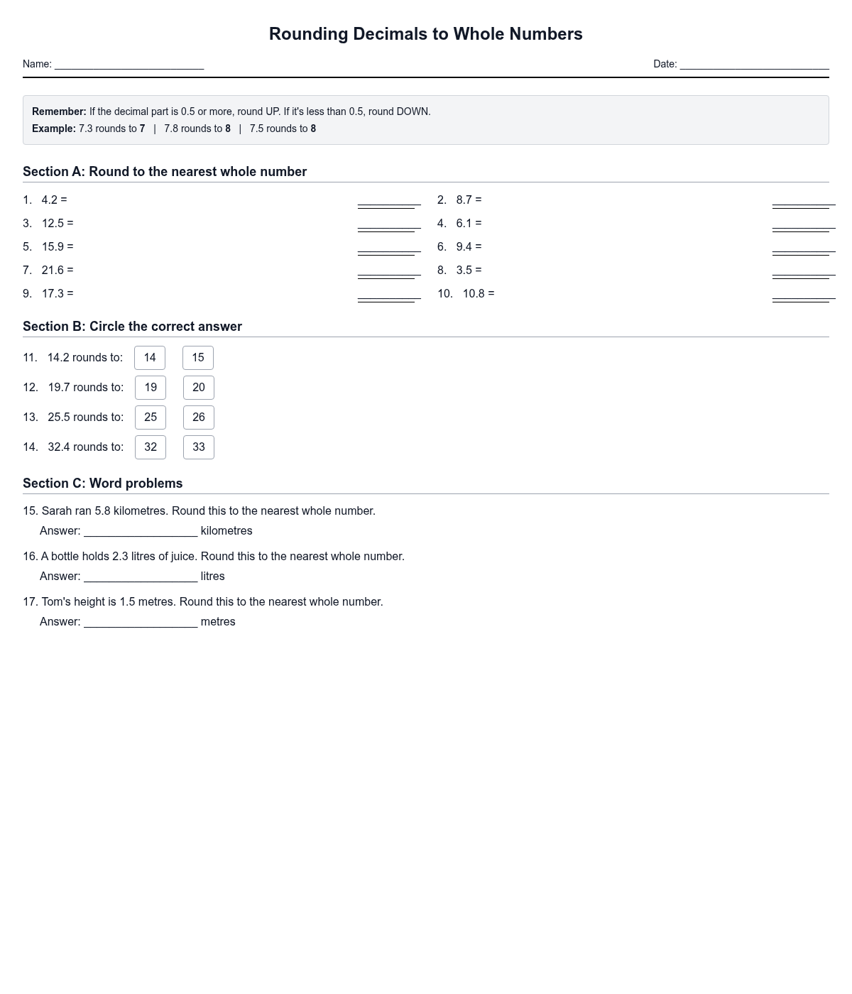 Rounding Decimals to Whole Numbers