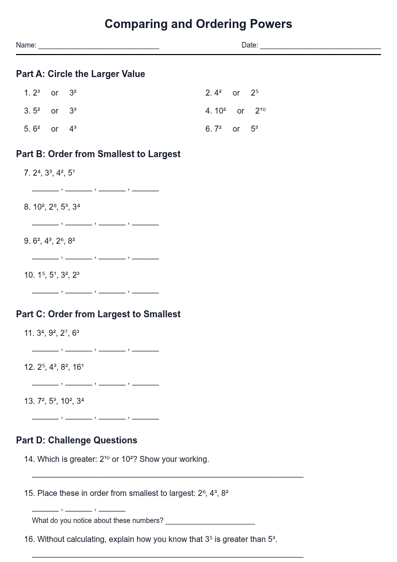 Comparing and Ordering Powers