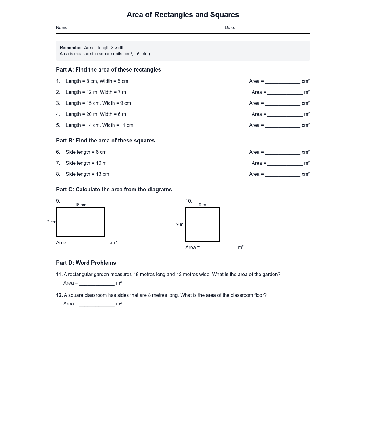 Area of Rectangles and Squares