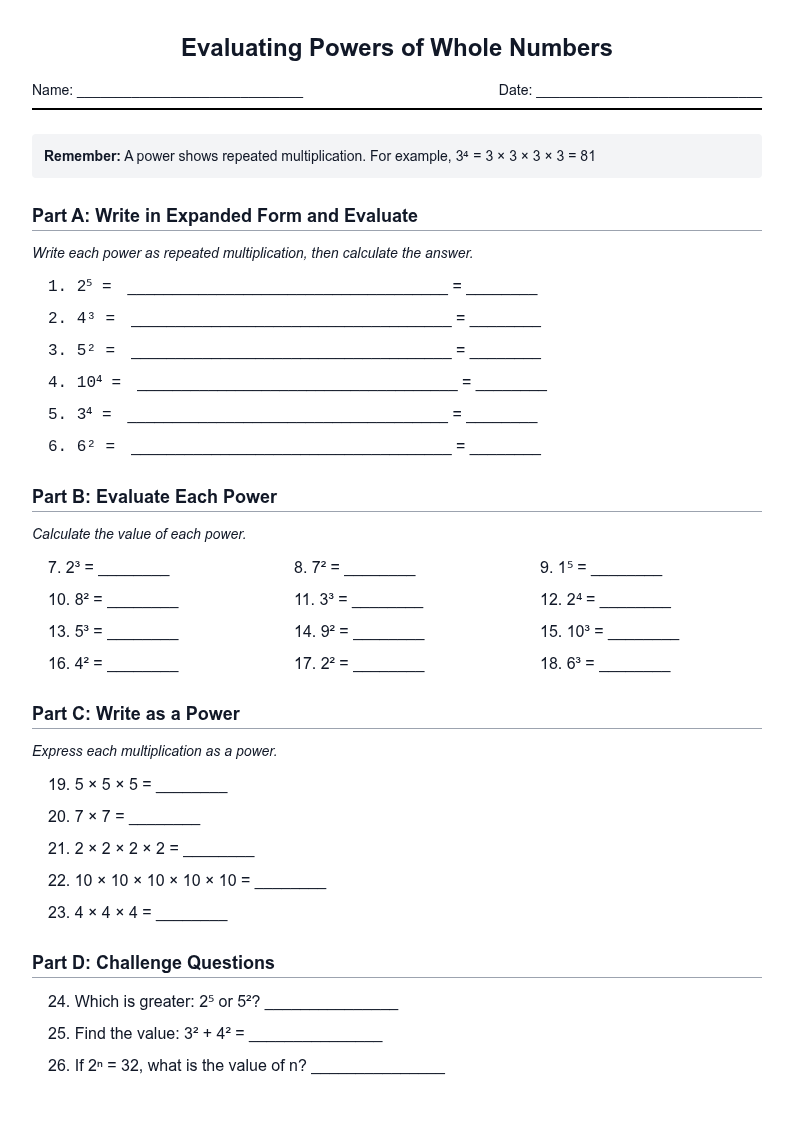 Evaluating Powers of Whole Numbers