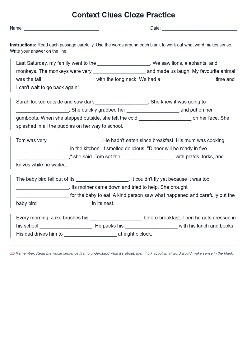 Context Clues Cloze Practice
