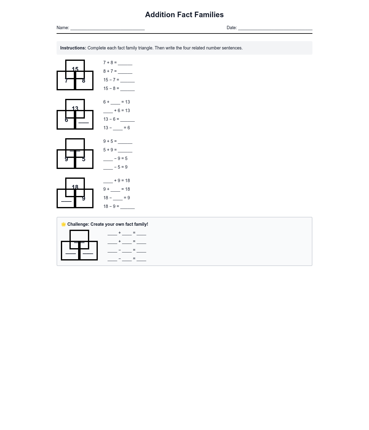 Addition Fact Families