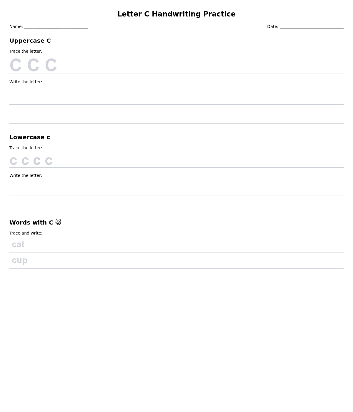 Letter C Handwriting Practice
