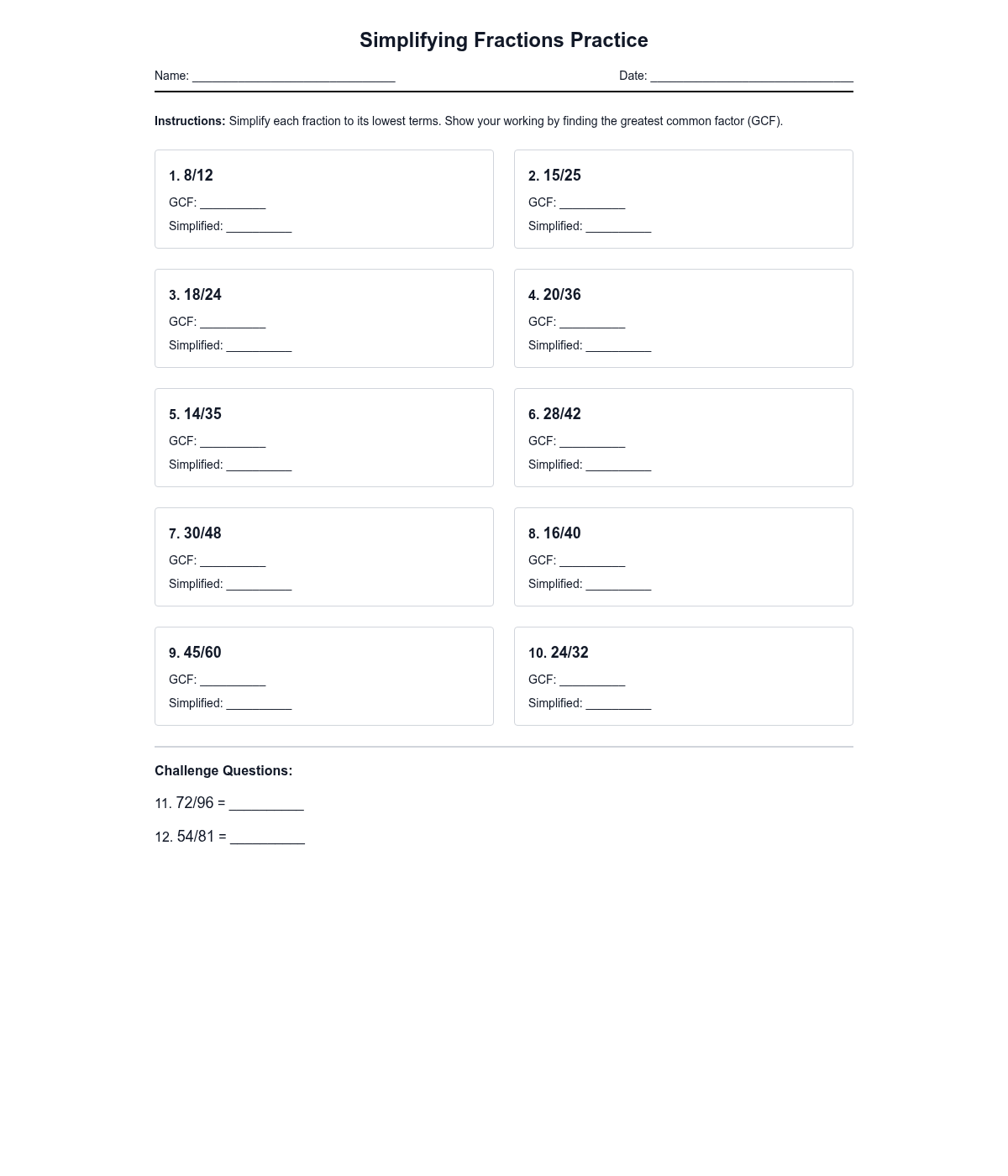 Simplifying Fractions Practice