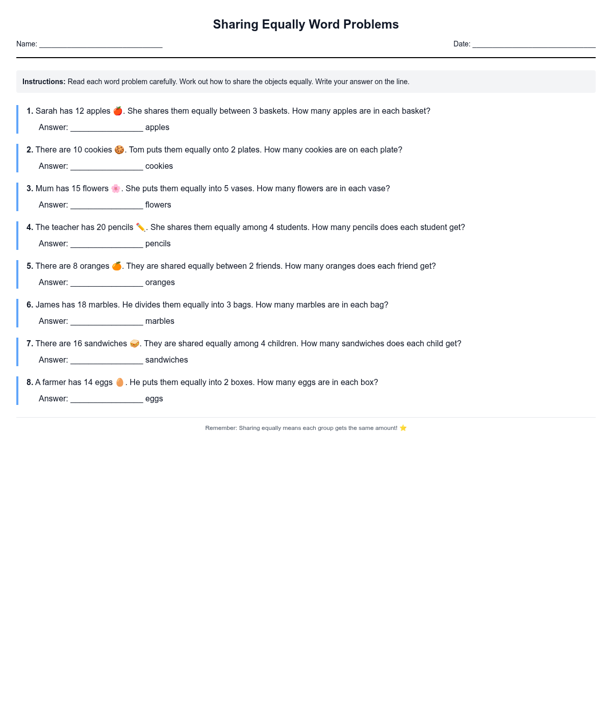 Sharing Equally Word Problems