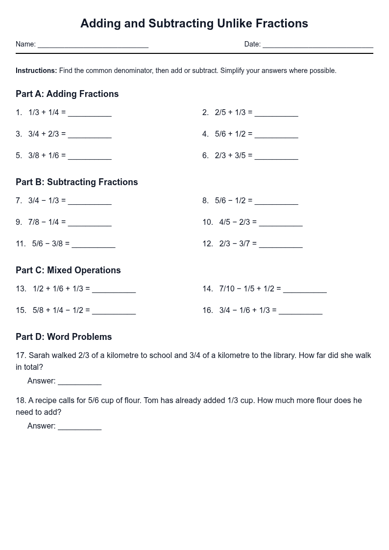 Adding and Subtracting Unlike Fractions