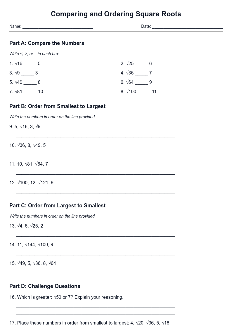 Comparing and Ordering Square Roots