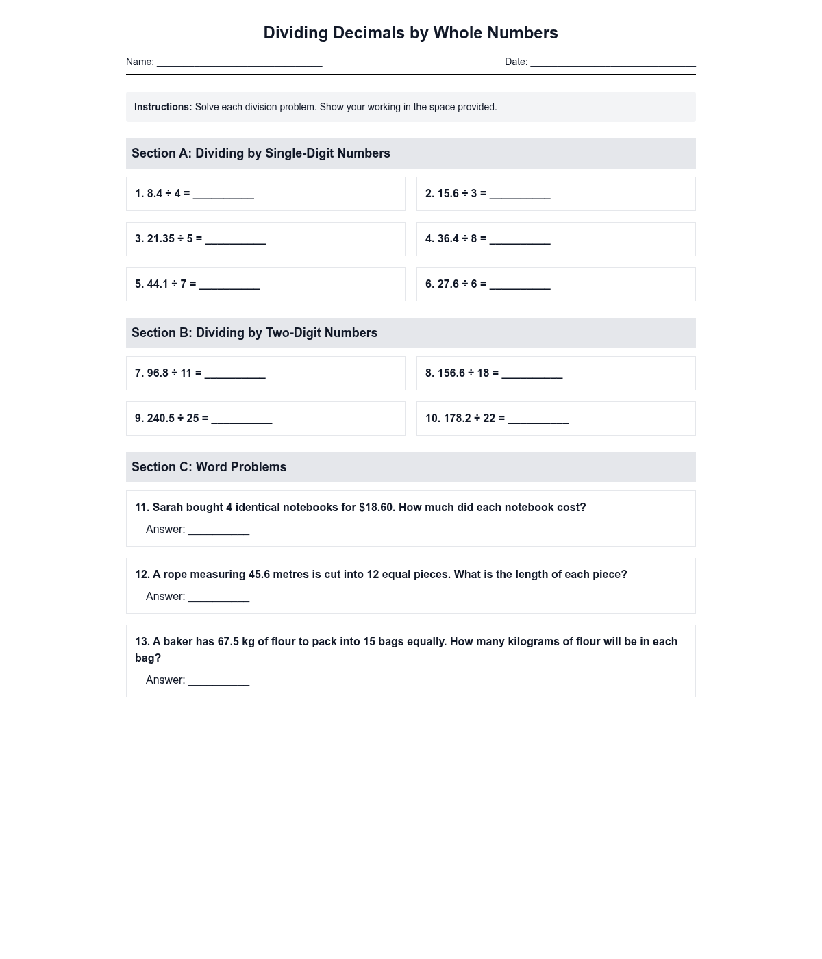 Dividing Decimals by Whole Numbers