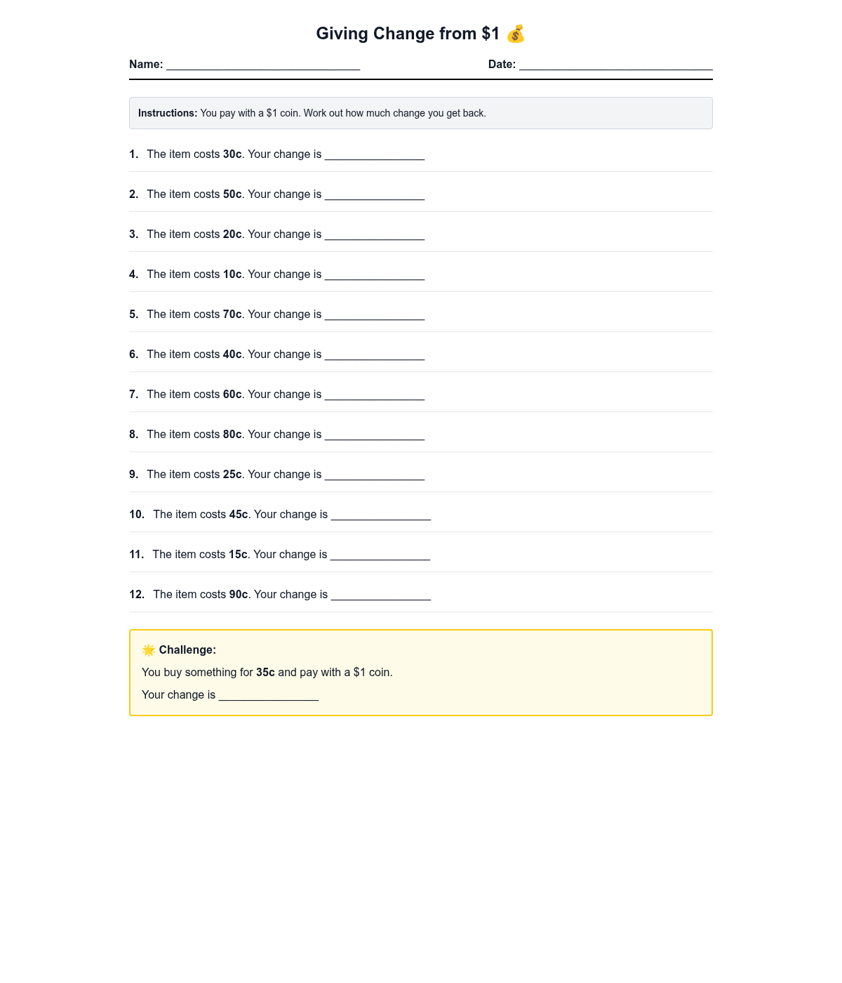 Giving Change from $1