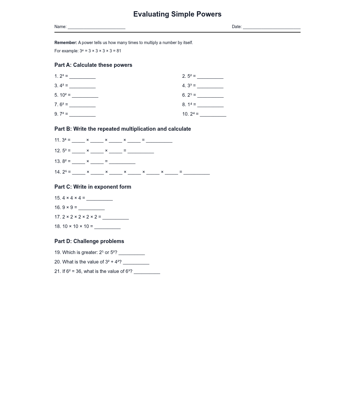 Evaluating Simple Powers and Exponents