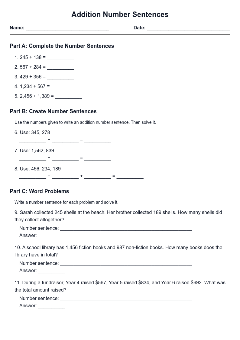 Addition Number Sentences