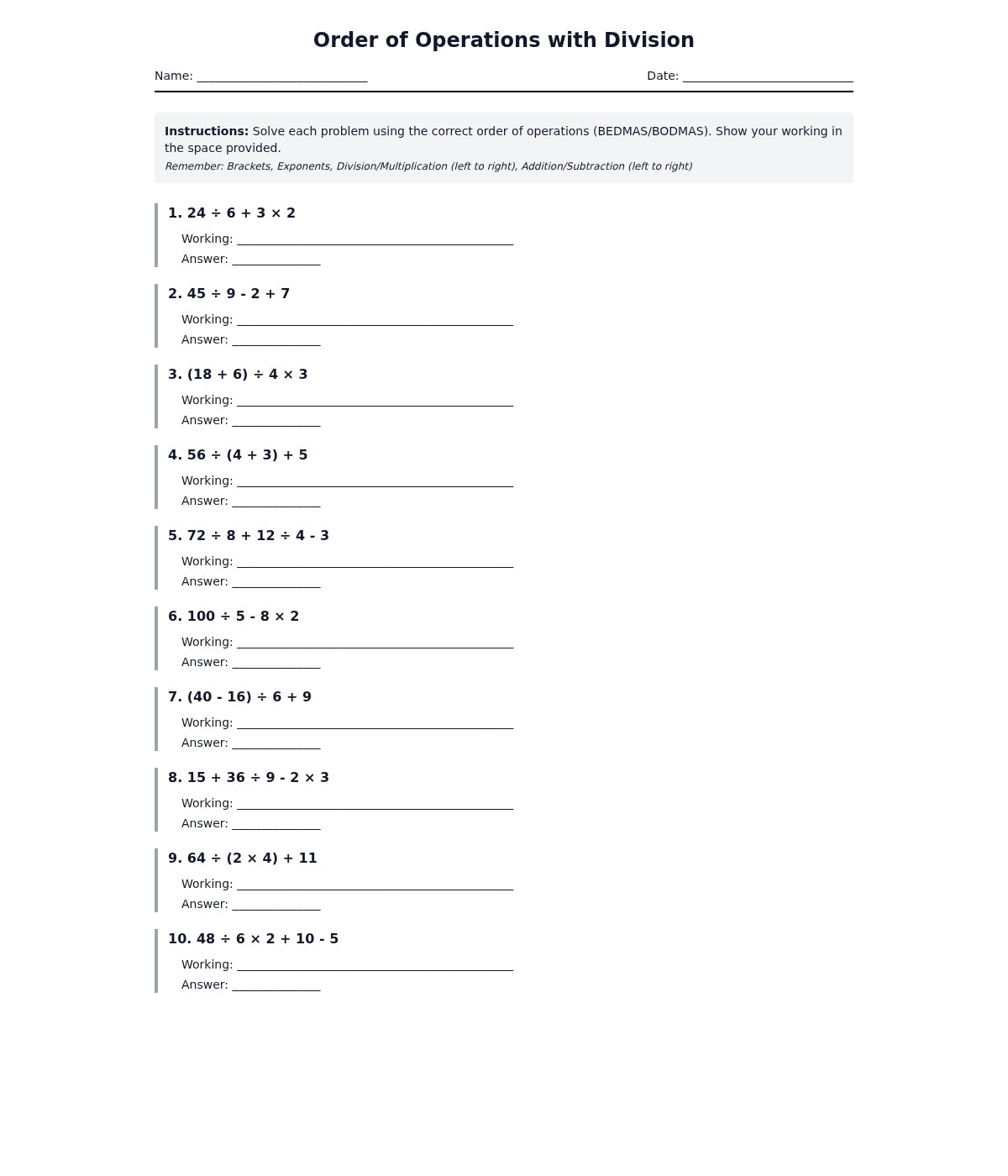Order of Operations with Division