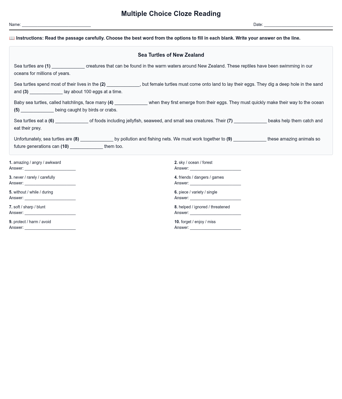 Multiple Choice Cloze Reading Worksheet