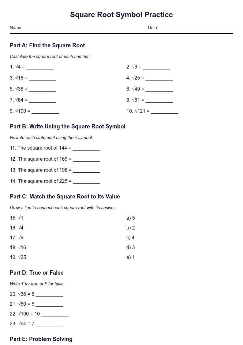 Square Root Symbol Practice