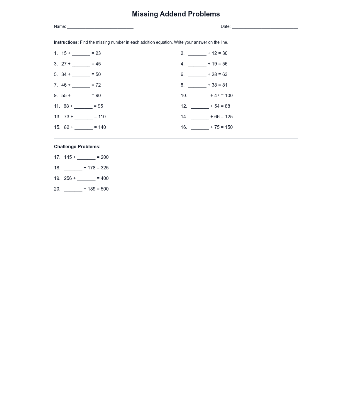 Missing Addend Problems