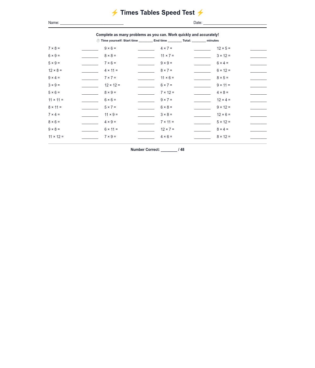 Times Tables Speed Test