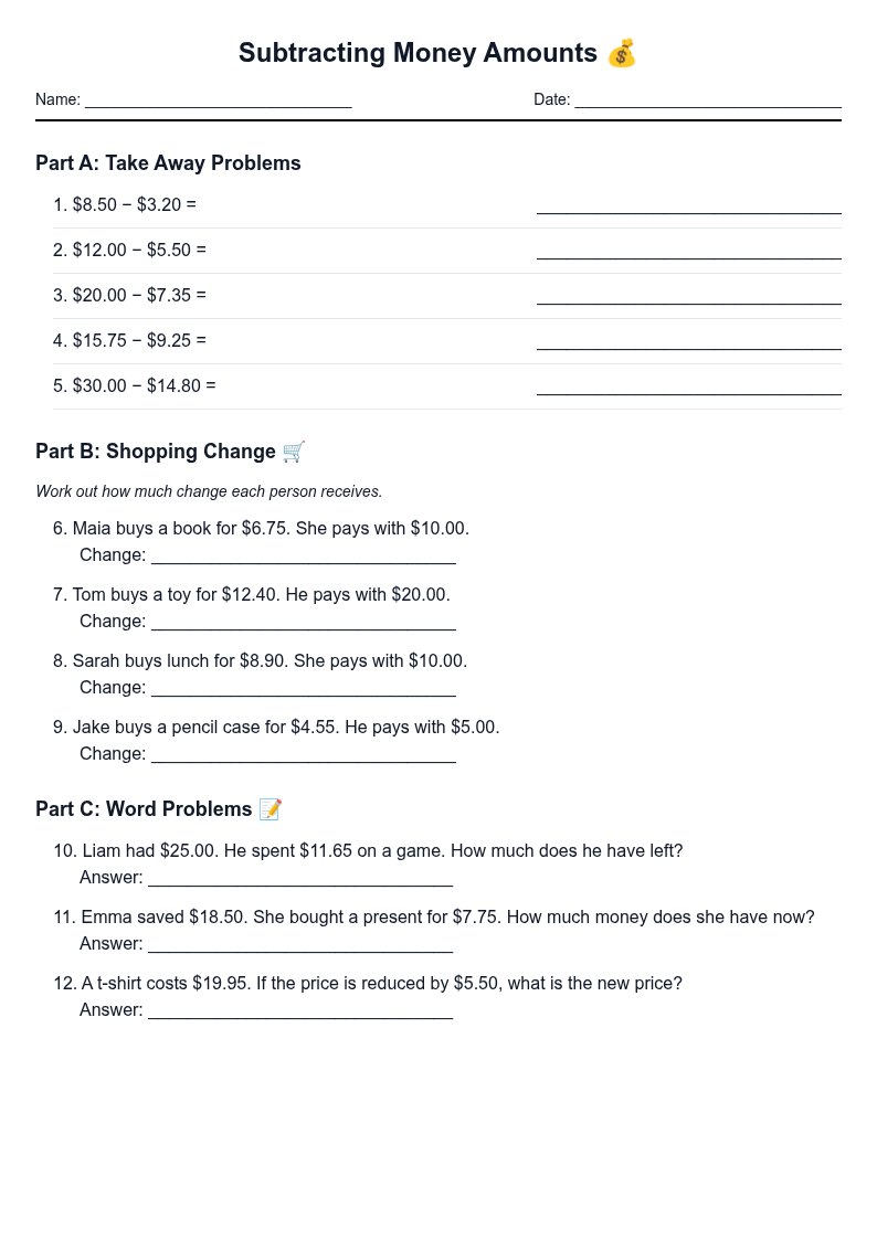Subtracting Money Amounts