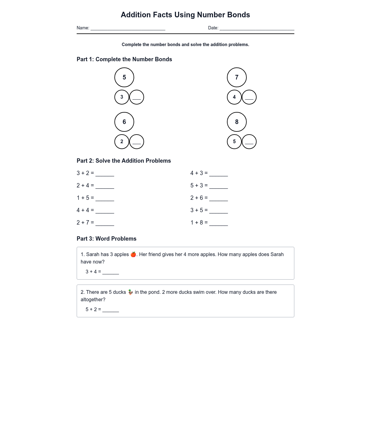 Addition Facts Using Number Bonds