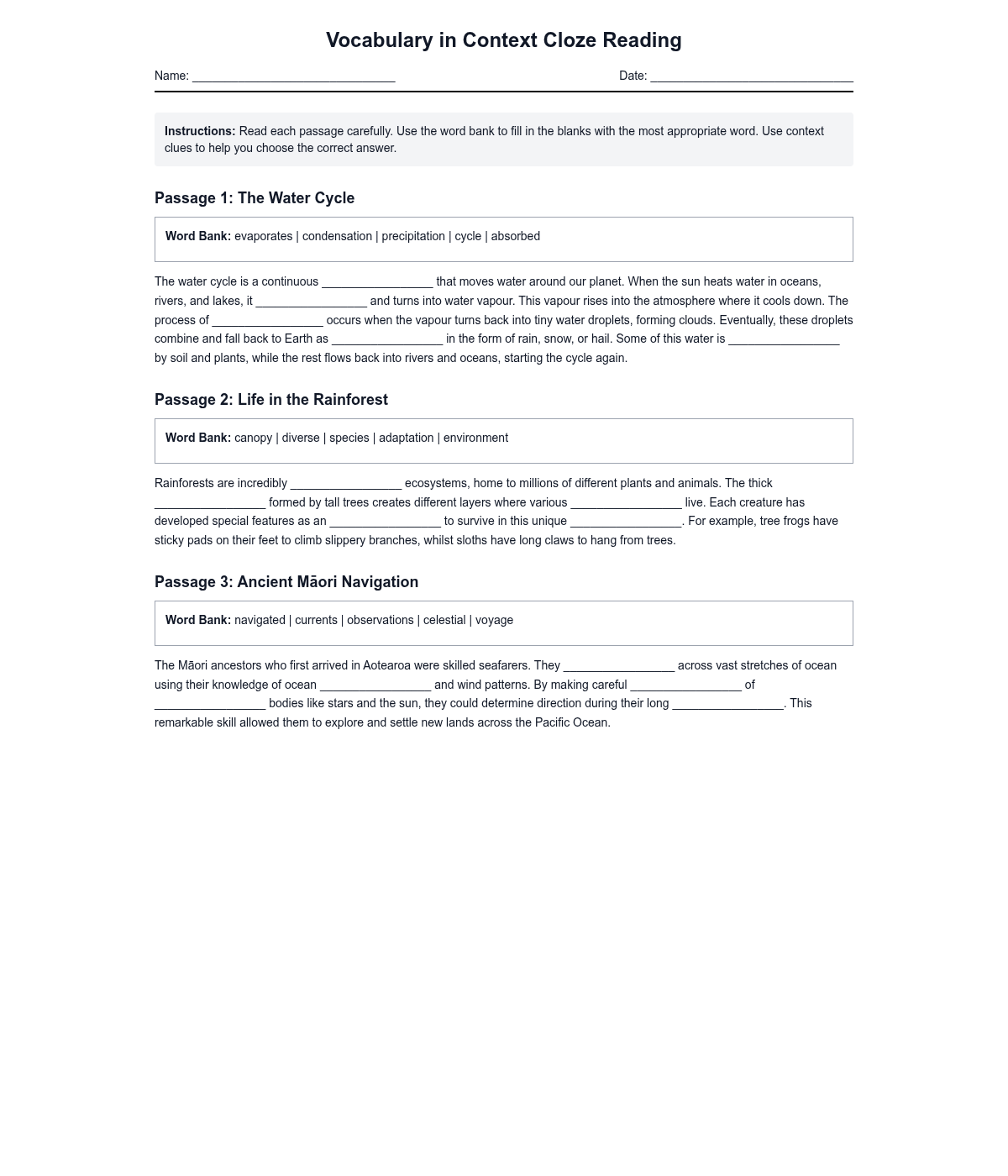 Vocabulary in Context Cloze Reading